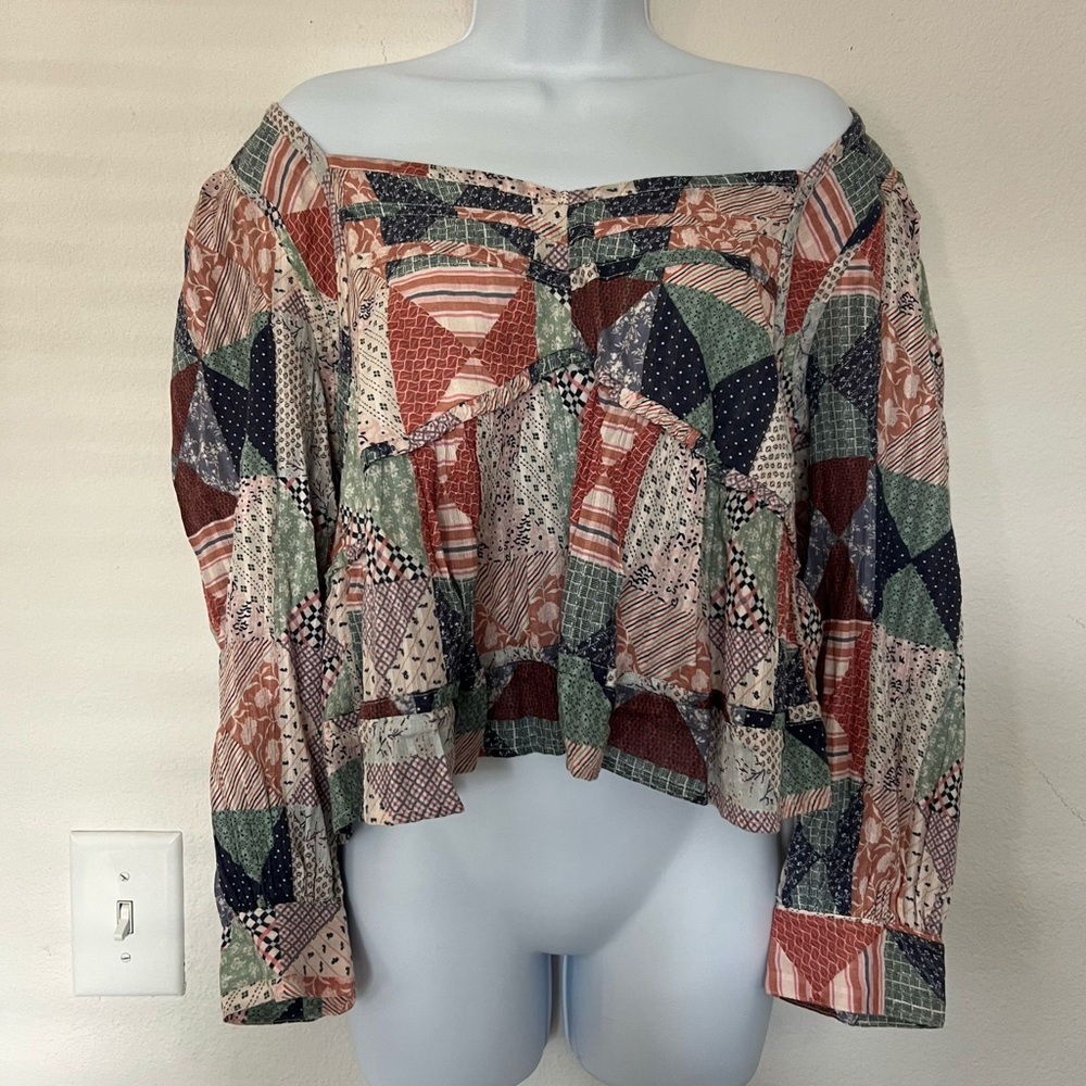 American Eagle Patchwork Off-Shoulder Peasant Top… - image 1